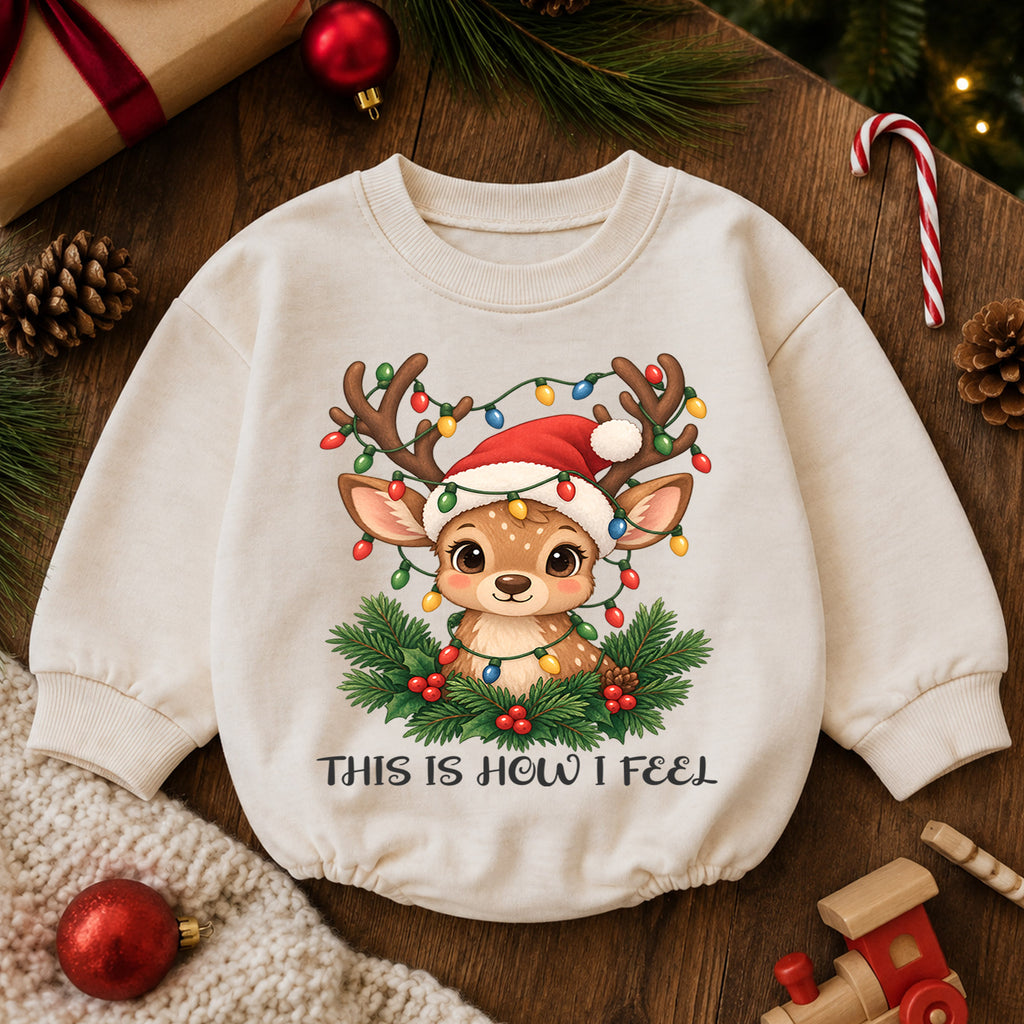 This Is How I Feel Reindeer Baby Romper, Cute Christmas Deer Romper, Toddler Holiday Outfit, Reindeer Xmas Gift for Baby — product view 6