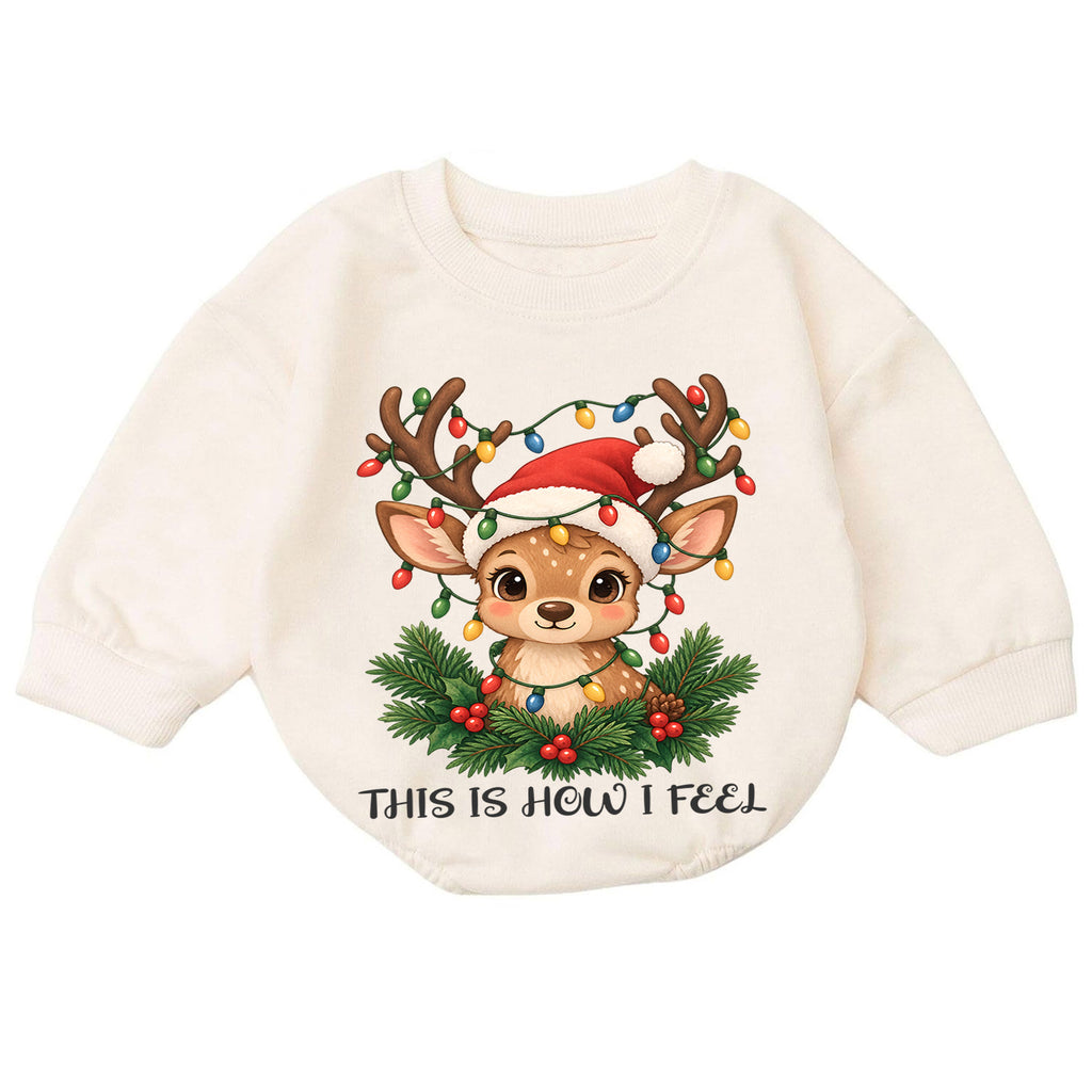 This Is How I Feel Reindeer Baby Romper, Cute Christmas Deer Romper, Toddler Holiday Outfit, Reindeer Xmas Gift for Baby — product view 7