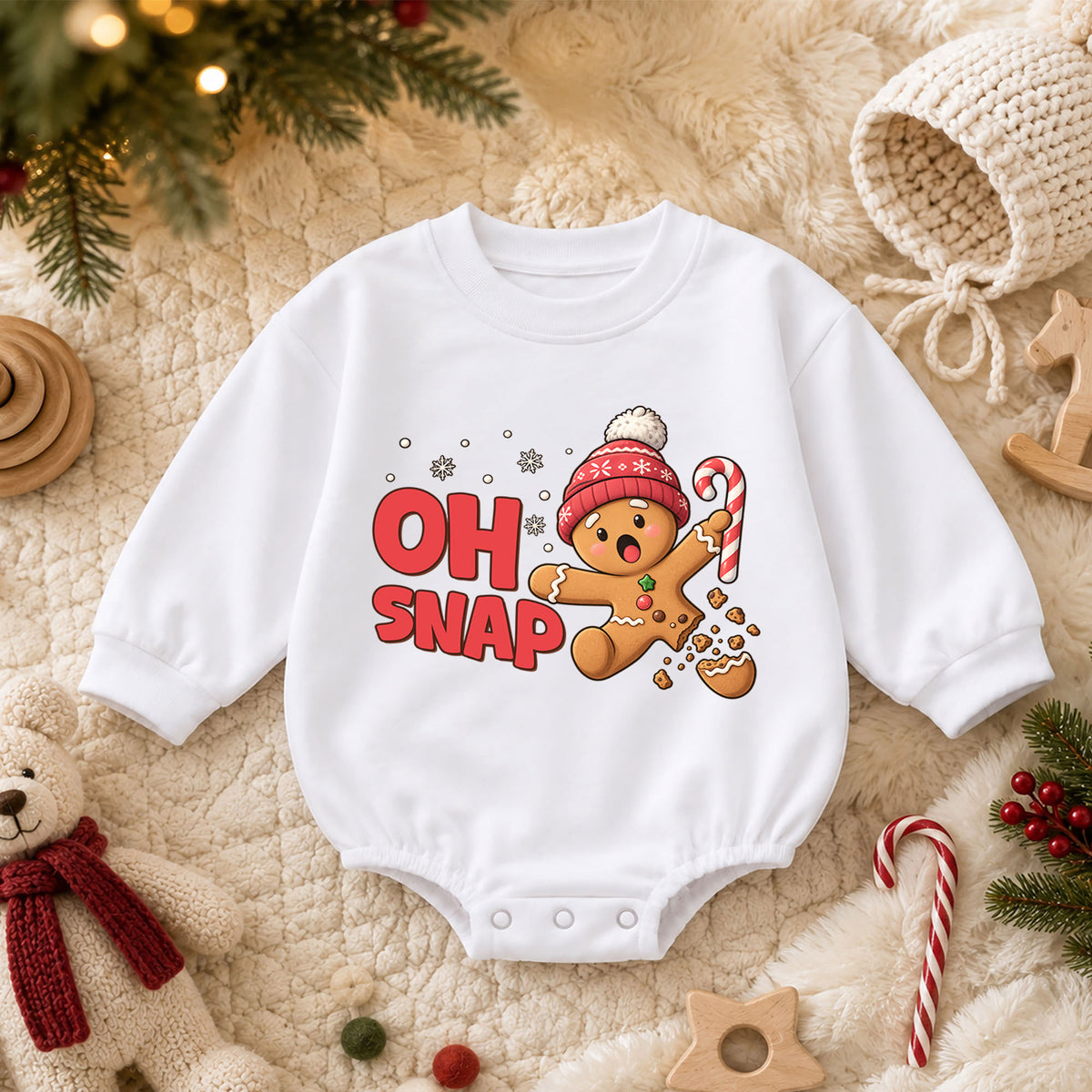 Oh Snap Gingerbread Baby Romper, Funny Christmas Cookie Romper, Toddler Holiday Outfit, Gingerbread Xmas Gift for Baby — product view 3