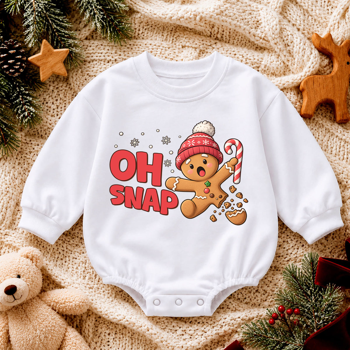 Oh Snap Gingerbread Baby Romper, Funny Christmas Cookie Romper, Toddler Holiday Outfit, Gingerbread Xmas Gift for Baby — product view 4