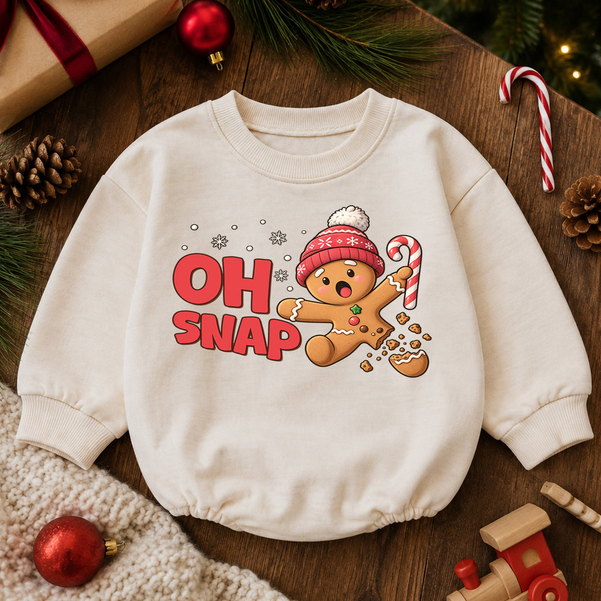 Oh Snap Gingerbread Baby Romper, Funny Christmas Cookie Romper, Toddler Holiday Outfit, Gingerbread Xmas Gift for Baby — product view 6