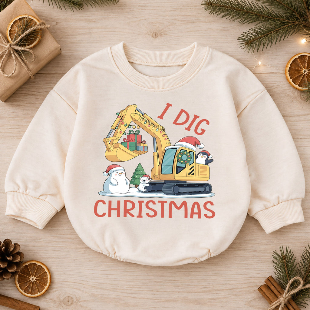 I Dig Christmas Baby Romper, Excavator Snowman Holiday Outfit, Construction Toddler Romper, Cute 1st Christmas Gift — product view 1