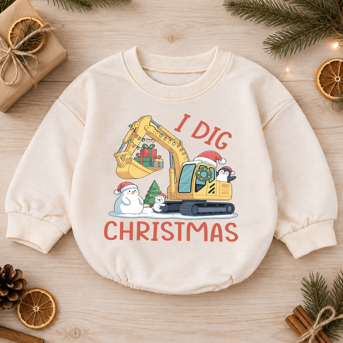 I Dig Christmas Baby Romper, Excavator Snowman Holiday Outfit, Construction Toddler Romper, Cute 1st Christmas Gift — product view 1