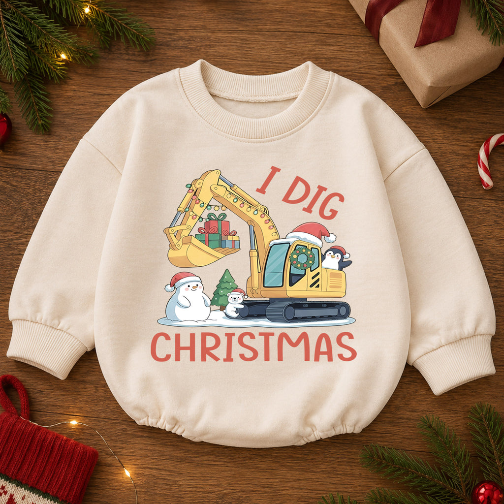 I Dig Christmas Baby Romper, Excavator Snowman Holiday Outfit, Construction Toddler Romper, Cute 1st Christmas Gift — product view 2