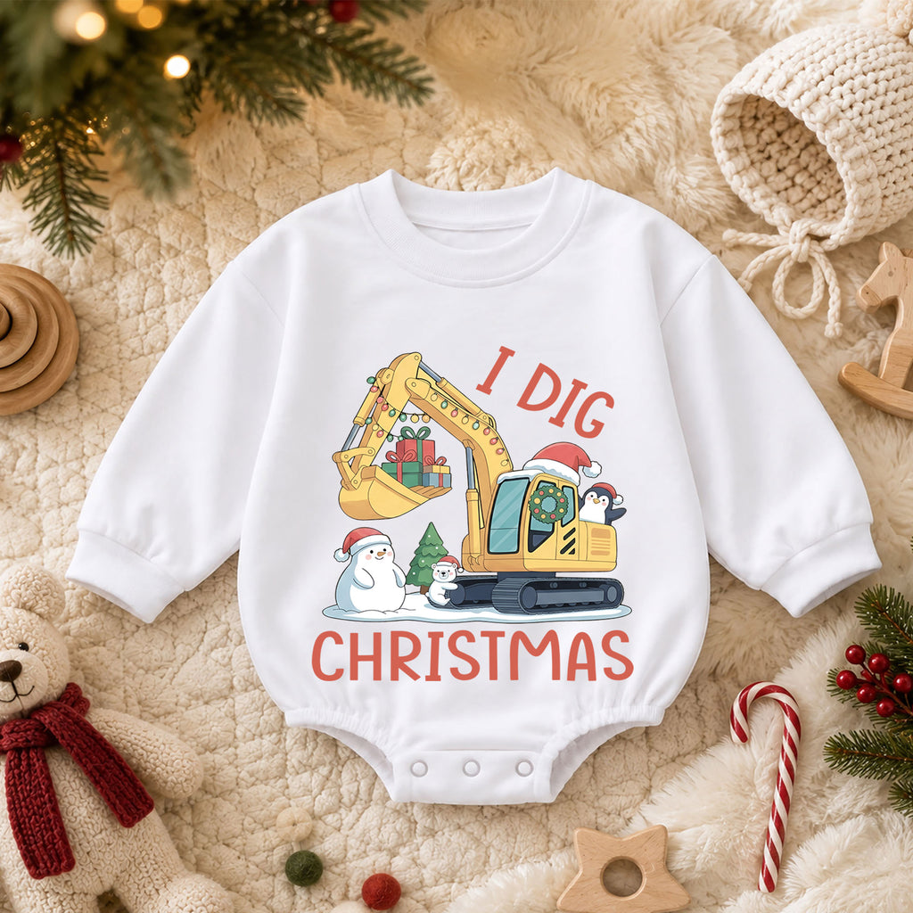 I Dig Christmas Baby Romper, Excavator Snowman Holiday Outfit, Construction Toddler Romper, Cute 1st Christmas Gift — product view 3