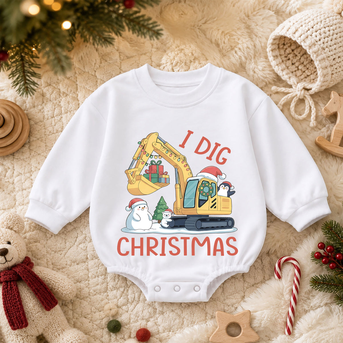 I Dig Christmas Baby Romper, Excavator Snowman Holiday Outfit, Construction Toddler Romper, Cute 1st Christmas Gift — product view 3