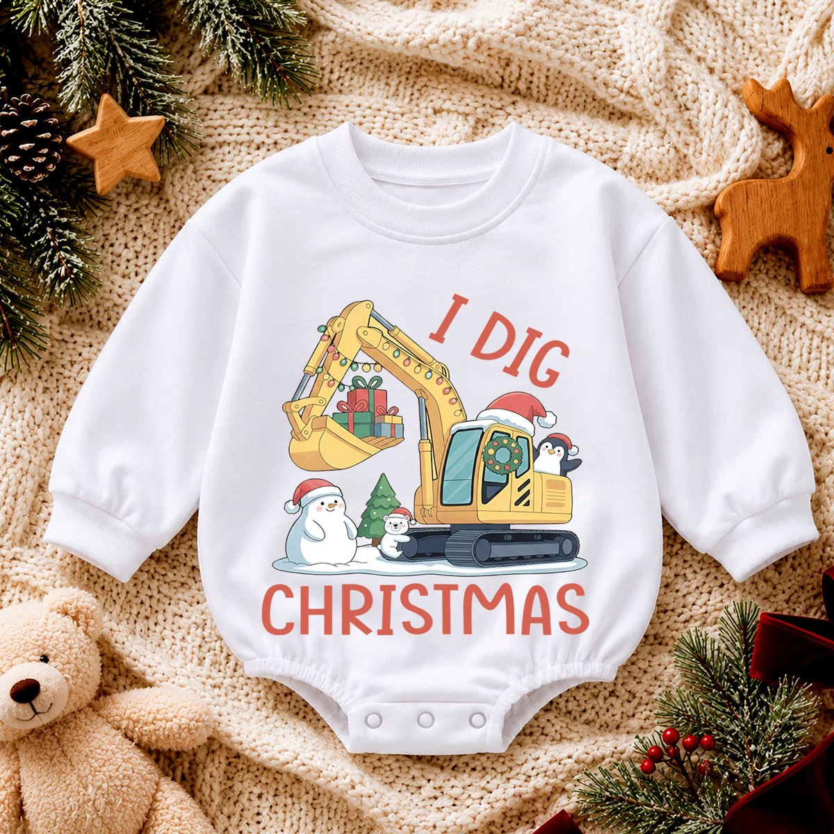I Dig Christmas Baby Romper, Excavator Snowman Holiday Outfit, Construction Toddler Romper, Cute 1st Christmas Gift — product view 4