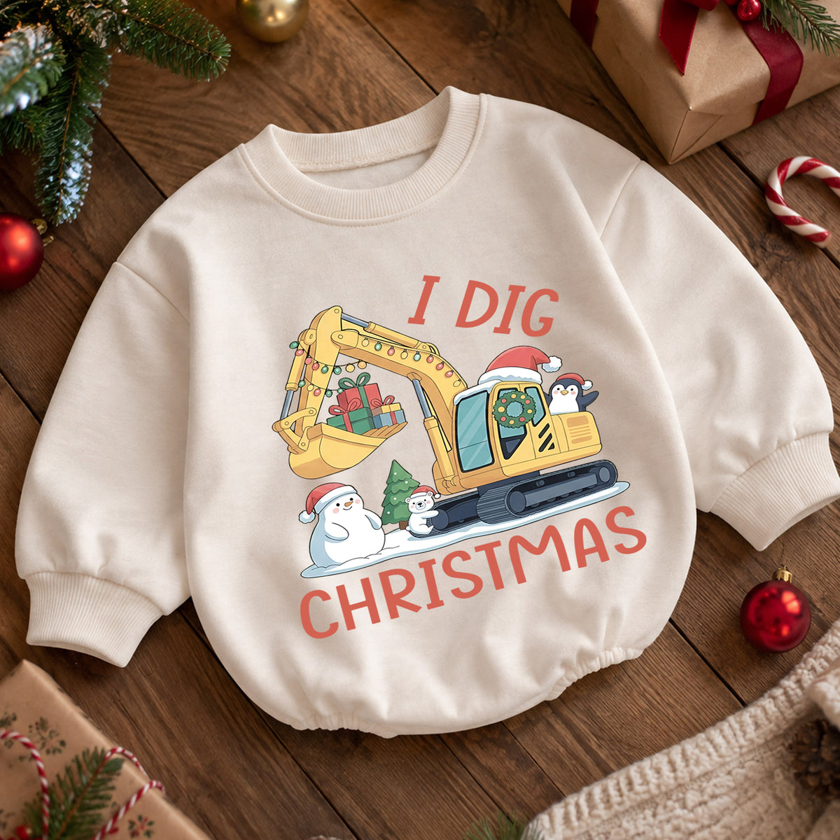 I Dig Christmas Baby Romper, Excavator Snowman Holiday Outfit, Construction Toddler Romper, Cute 1st Christmas Gift — product view 5