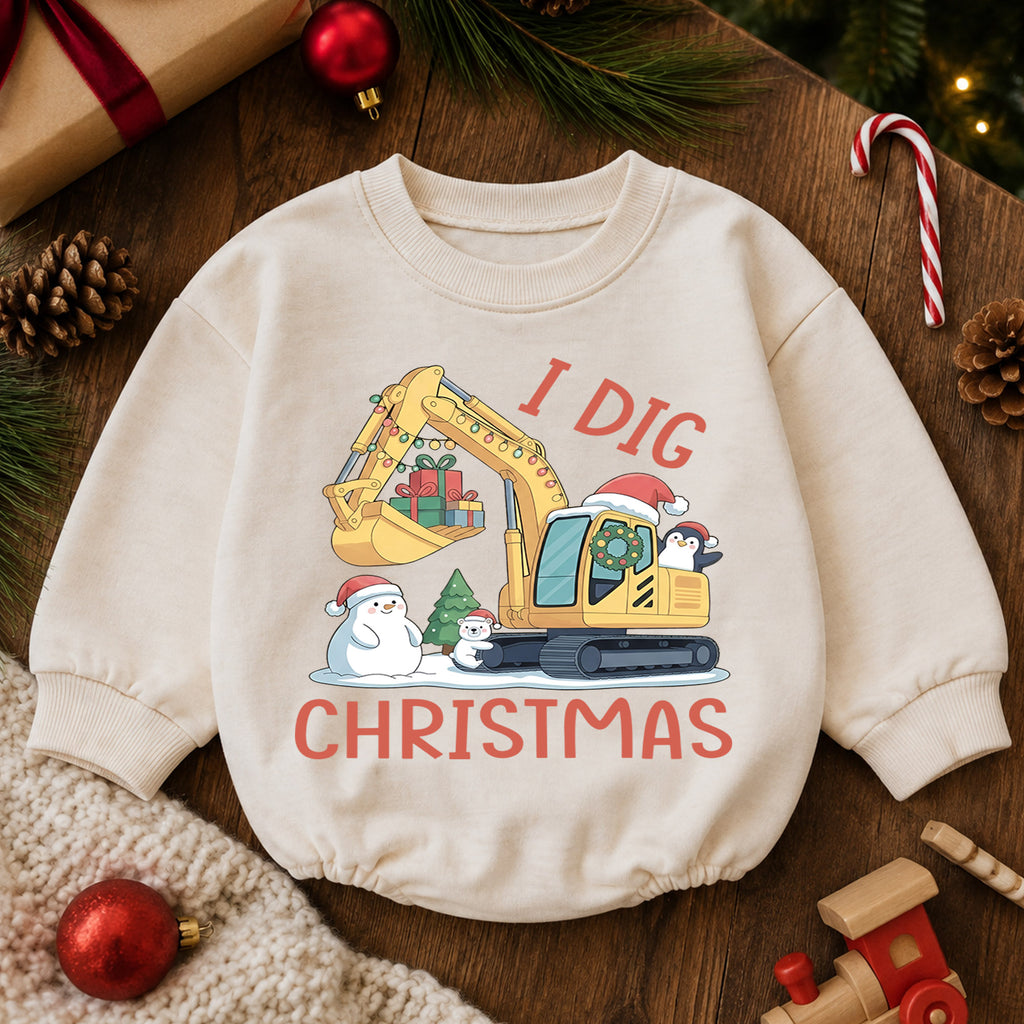 I Dig Christmas Baby Romper, Excavator Snowman Holiday Outfit, Construction Toddler Romper, Cute 1st Christmas Gift — product view 6