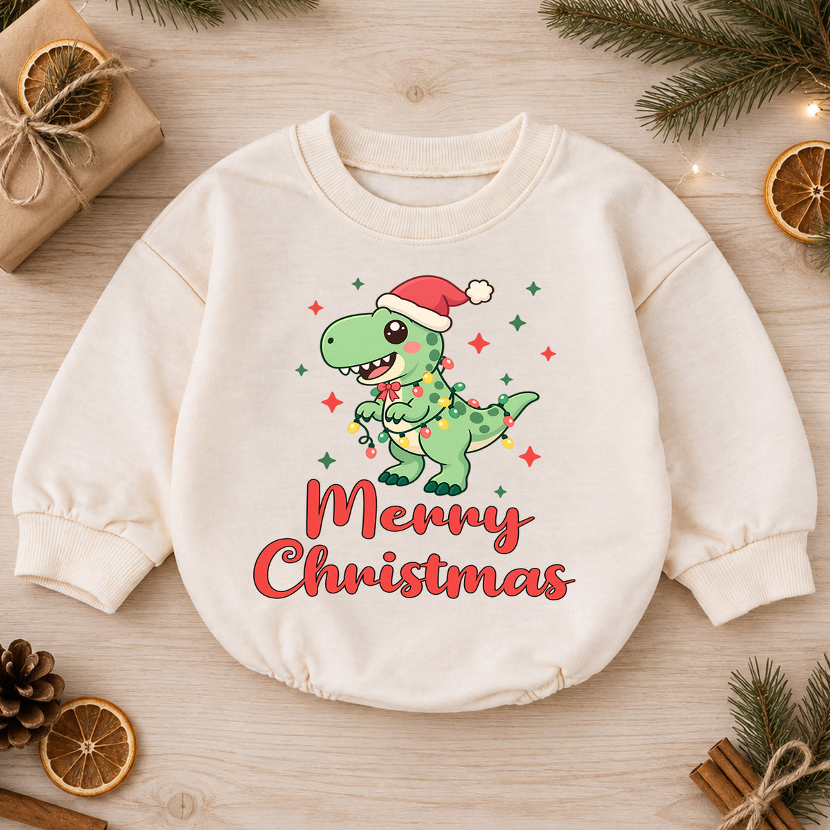 Dinosaur Christmas Baby Outfit, Cute T Rex Holiday Romper, Baby Christmas Outfit, Toddler Boy Xmas Romper, Christmas Baby Gift — product view 1