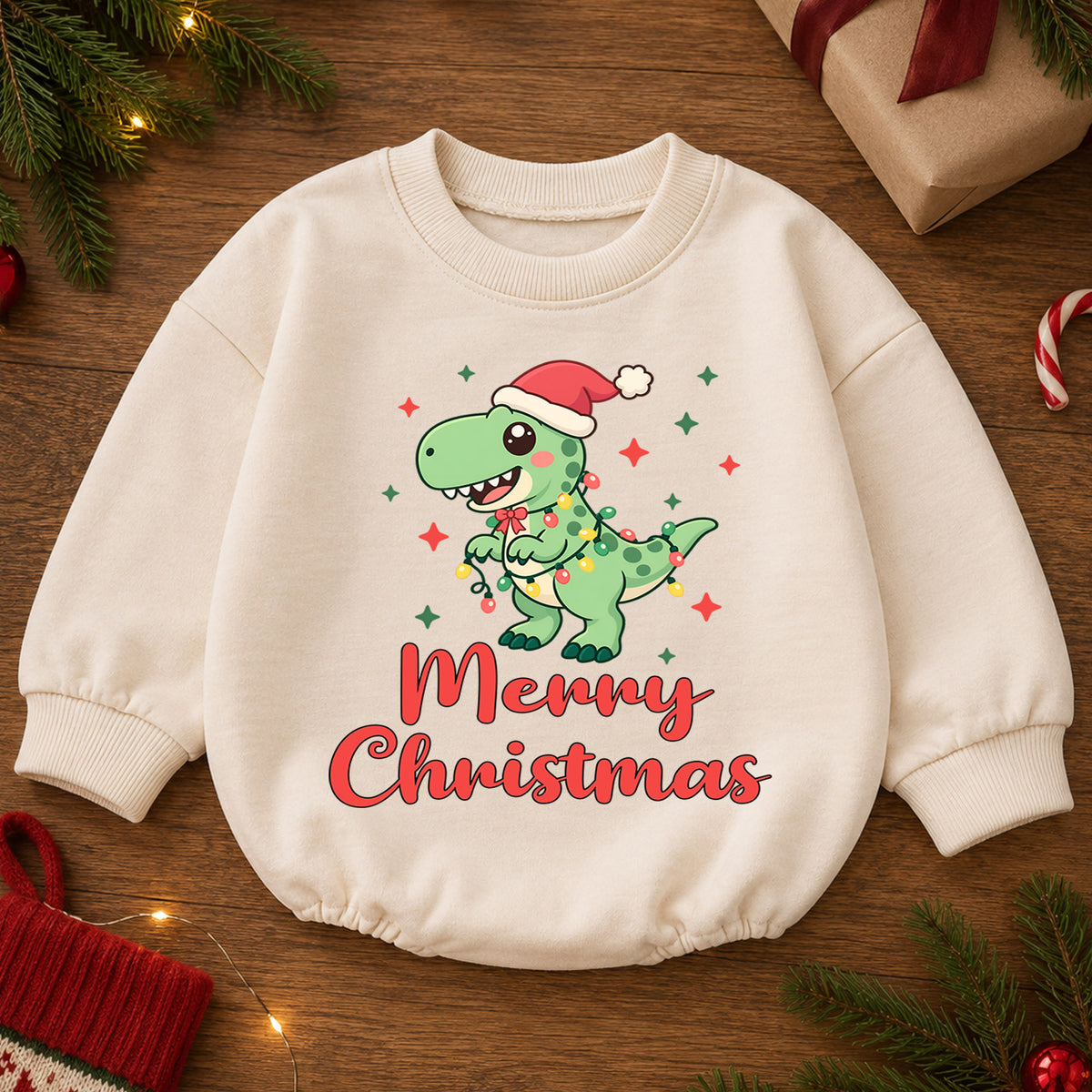 Dinosaur Christmas Baby Outfit, Cute T Rex Holiday Romper, Baby Christmas Outfit, Toddler Boy Xmas Romper, Christmas Baby Gift — product view 2