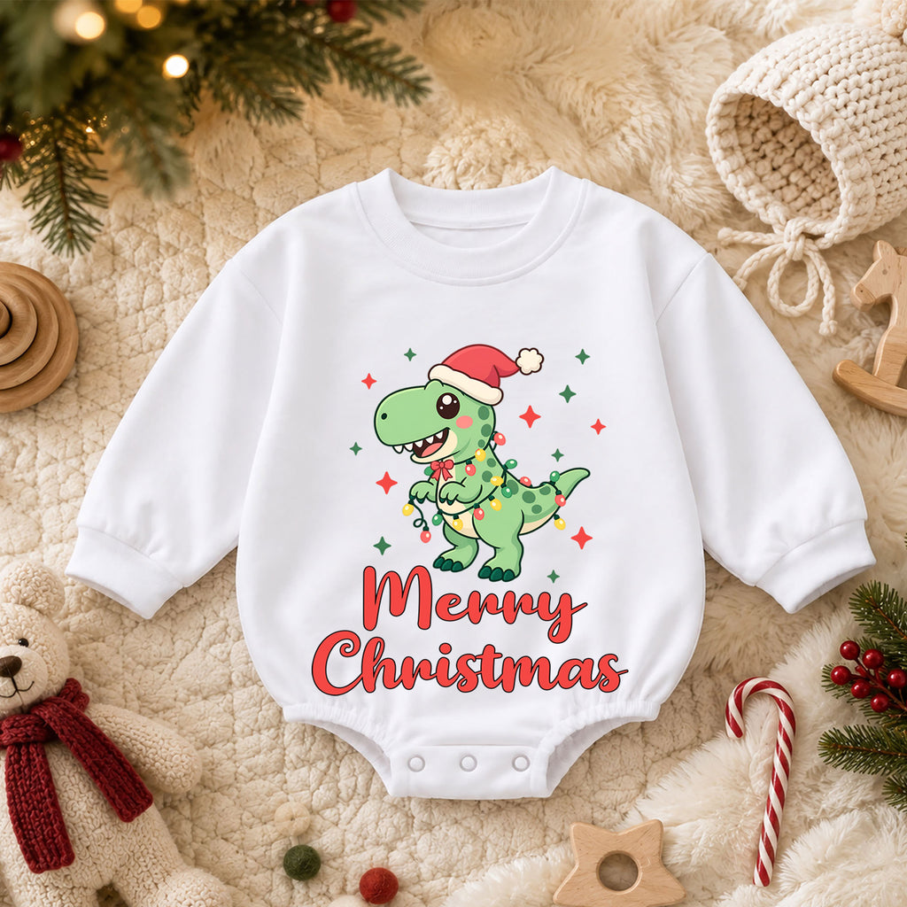 Dinosaur Christmas Baby Outfit, Cute T Rex Holiday Romper, Baby Christmas Outfit, Toddler Boy Xmas Romper, Christmas Baby Gift — product view 3