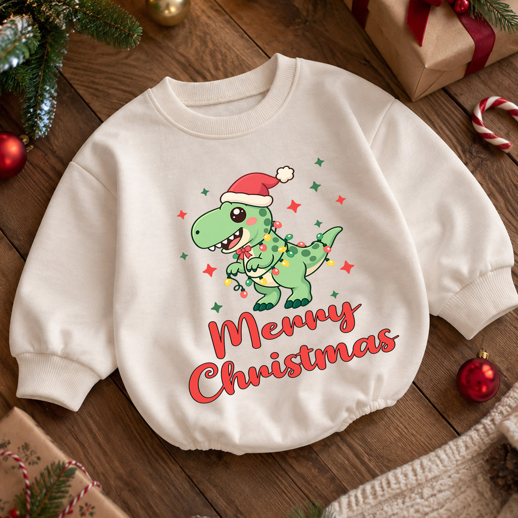 Dinosaur Christmas Baby Outfit, Cute T Rex Holiday Romper, Baby Christmas Outfit, Toddler Boy Xmas Romper, Christmas Baby Gift — product view 5