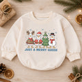 Just a Merry Goose Baby Romper, Christmas Goose Character Outfit, Funny Toddler Holiday Romper, 1st Christmas Gift — product view 1