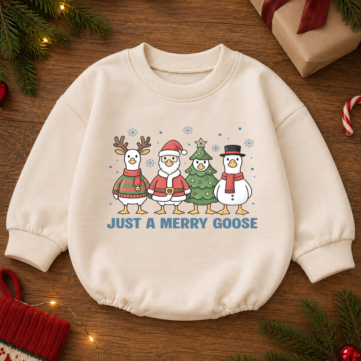 Just a Merry Goose Baby Romper, Christmas Goose Character Outfit, Funny Toddler Holiday Romper, 1st Christmas Gift — product view 2
