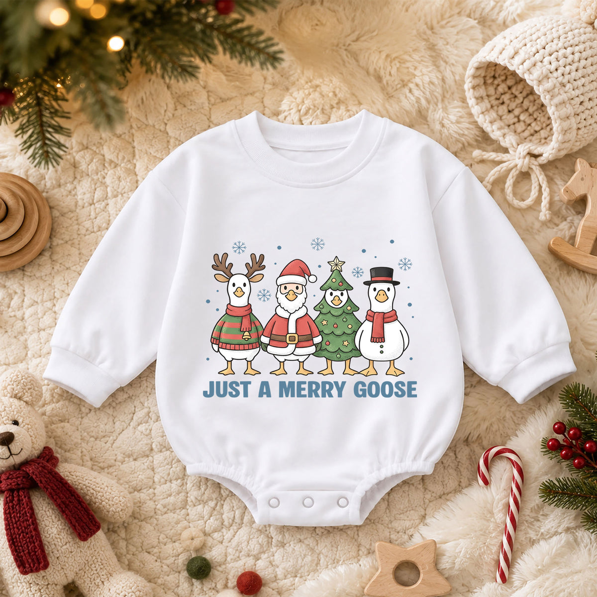 Just a Merry Goose Baby Romper, Christmas Goose Character Outfit, Funny Toddler Holiday Romper, 1st Christmas Gift — product view 3