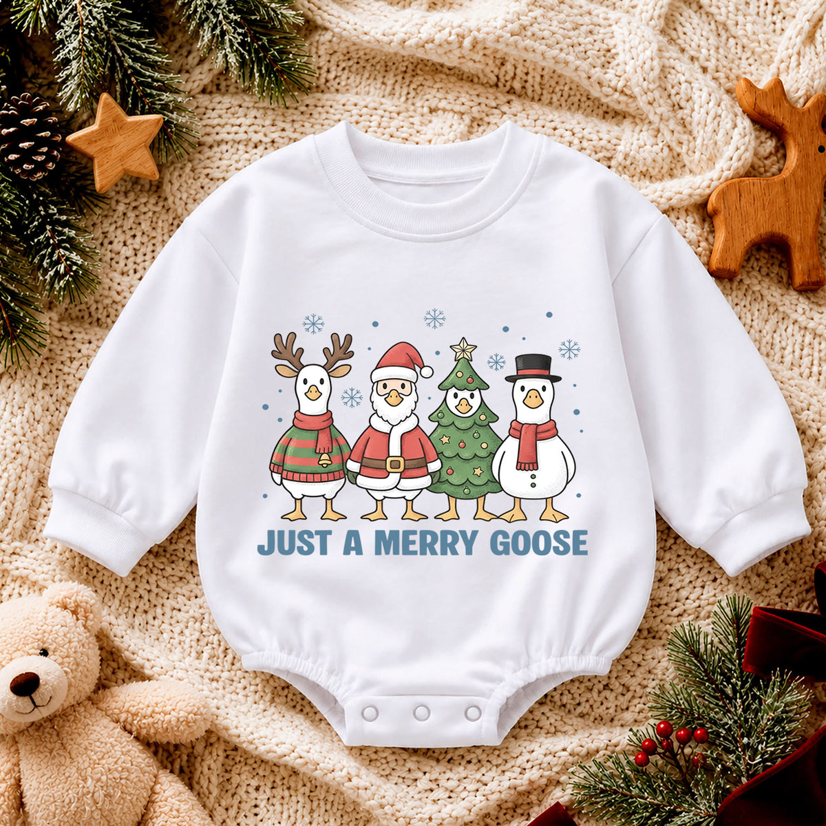 Just a Merry Goose Baby Romper, Christmas Goose Character Outfit, Funny Toddler Holiday Romper, 1st Christmas Gift — product view 4