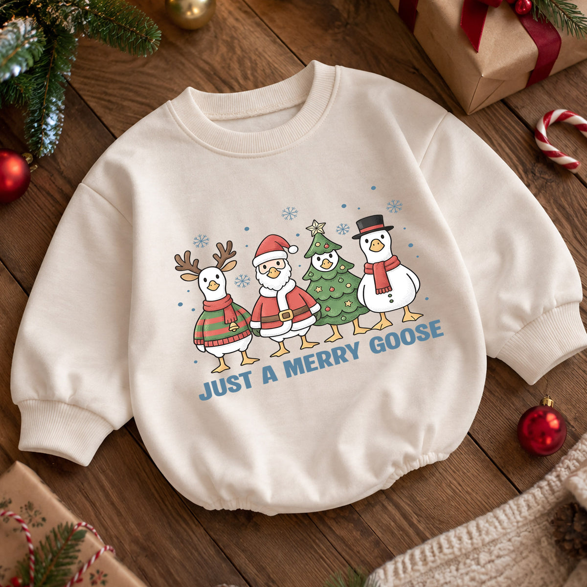 Just a Merry Goose Baby Romper, Christmas Goose Character Outfit, Funny Toddler Holiday Romper, 1st Christmas Gift — product view 5