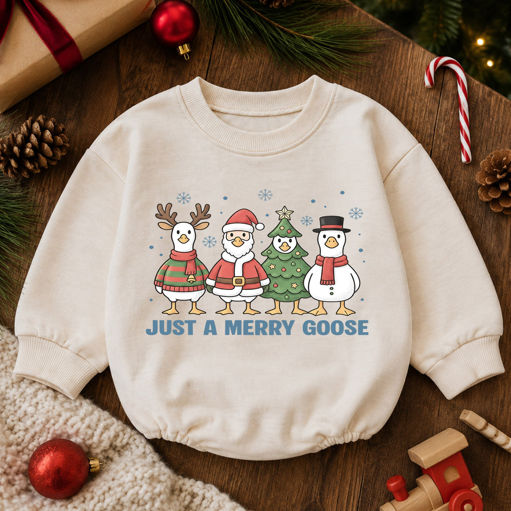 Just a Merry Goose Baby Romper, Christmas Goose Character Outfit, Funny Toddler Holiday Romper, 1st Christmas Gift — product view 6