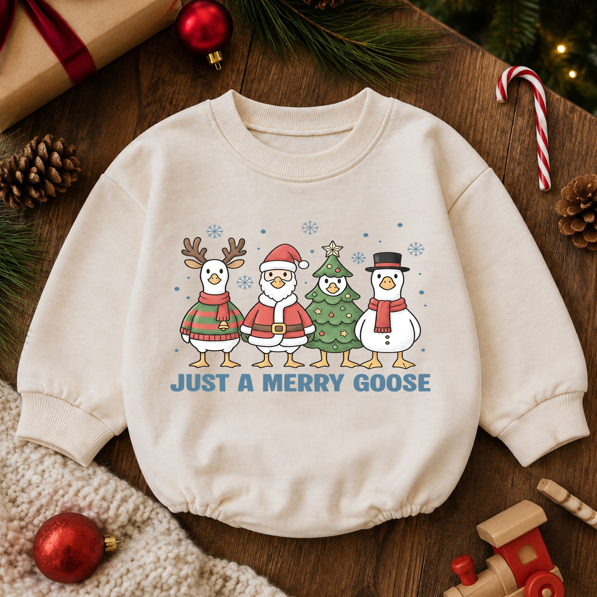 Just a Merry Goose Baby Romper, Christmas Goose Character Outfit, Funny Toddler Holiday Romper, 1st Christmas Gift — product view 6