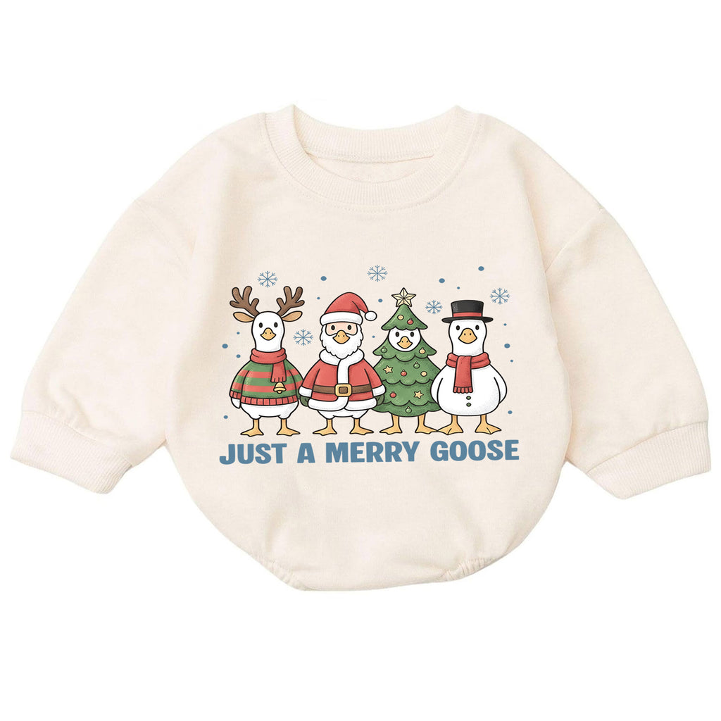 Just a Merry Goose Baby Romper, Christmas Goose Character Outfit, Funny Toddler Holiday Romper, 1st Christmas Gift — product view 7