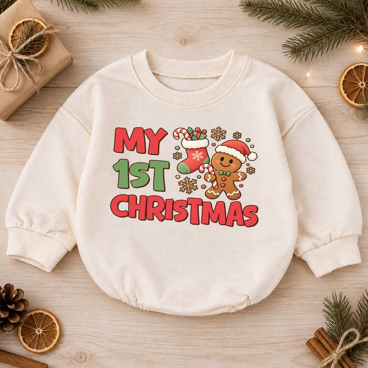 My 1st Christmas Gingerbread Baby Romper, Cute Christmas Cookie Romper, Baby First Xmas Outfit, Holiday Keepsake Gift — product view 1