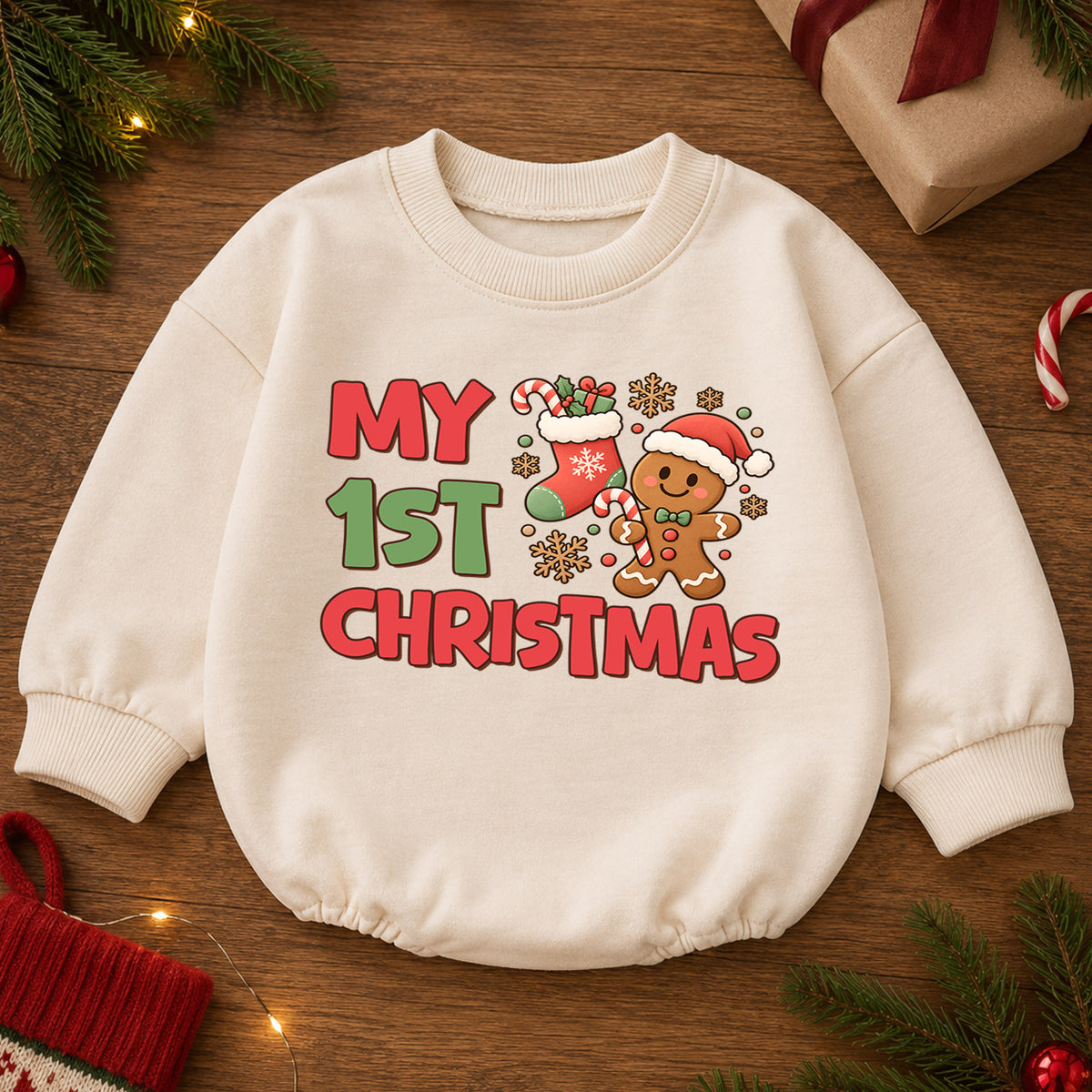 My 1st Christmas Gingerbread Baby Romper, Cute Christmas Cookie Romper, Baby First Xmas Outfit, Holiday Keepsake Gift — product view 2
