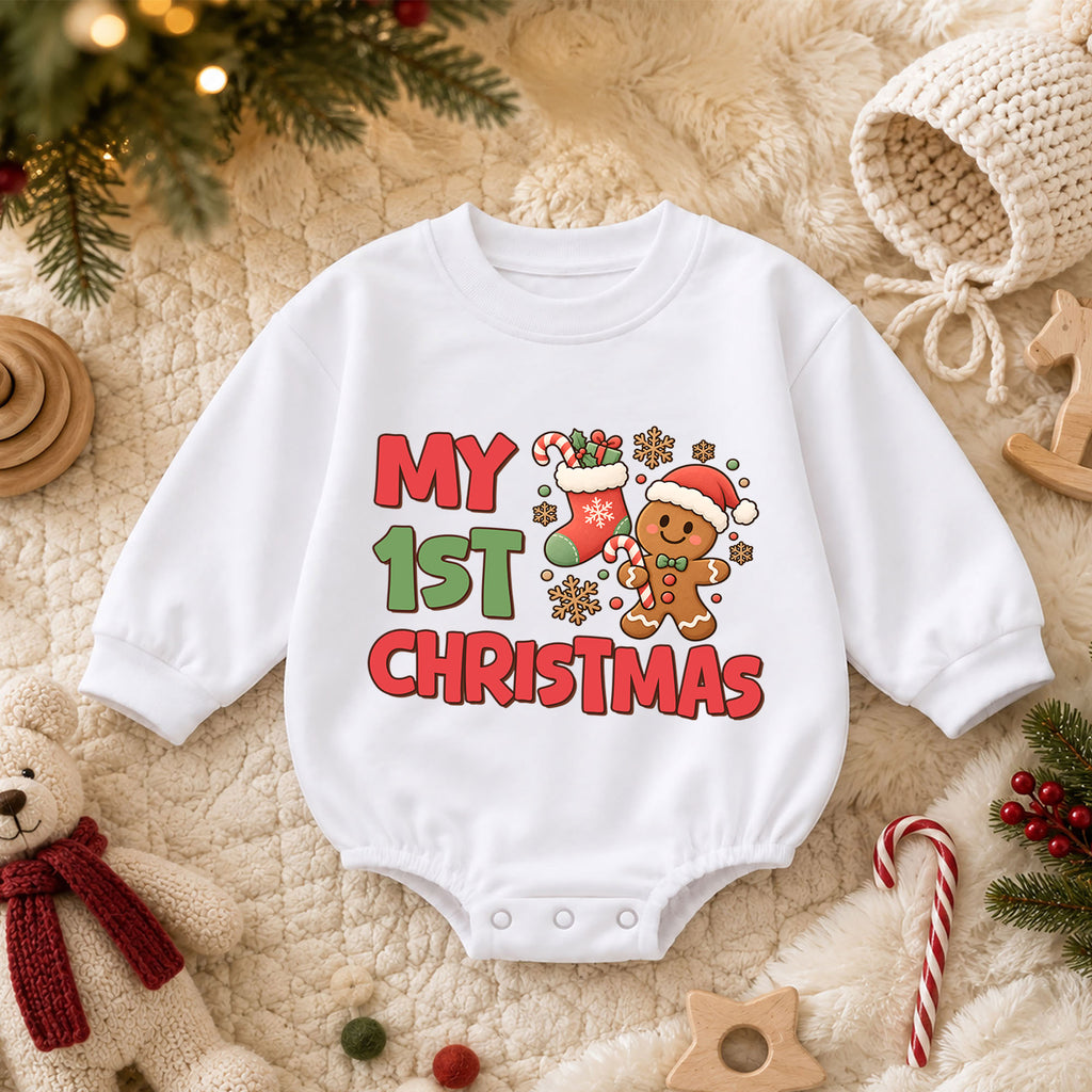 My 1st Christmas Gingerbread Baby Romper, Cute Christmas Cookie Romper, Baby First Xmas Outfit, Holiday Keepsake Gift — product view 3