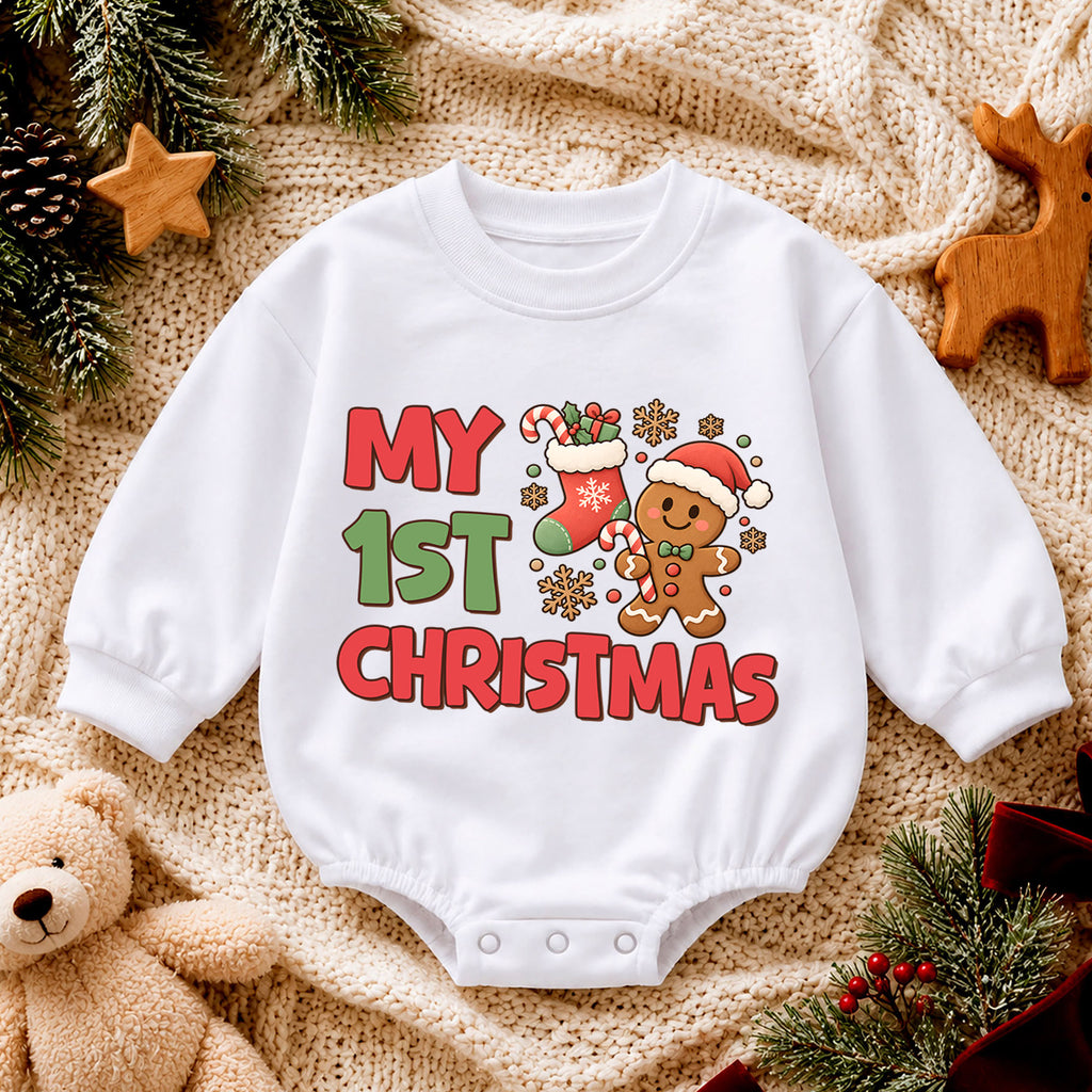My 1st Christmas Gingerbread Baby Romper, Cute Christmas Cookie Romper, Baby First Xmas Outfit, Holiday Keepsake Gift — product view 4