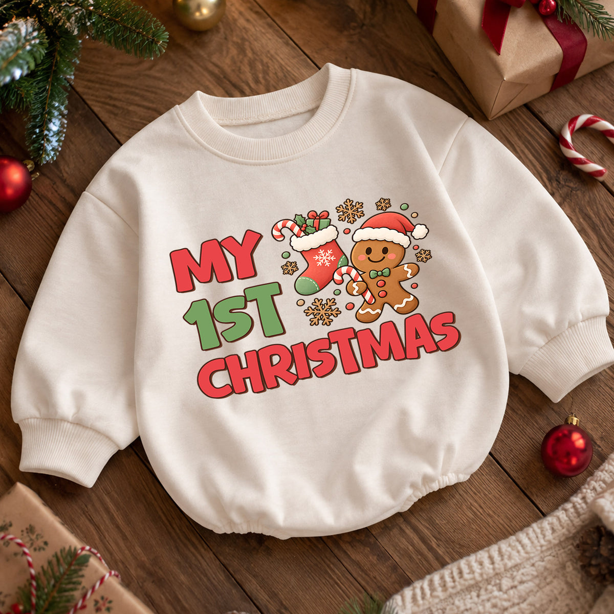 My 1st Christmas Gingerbread Baby Romper, Cute Christmas Cookie Romper, Baby First Xmas Outfit, Holiday Keepsake Gift — product view 5