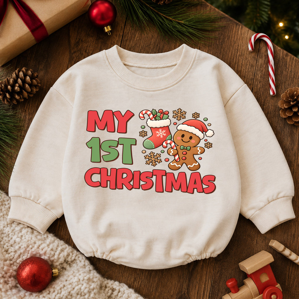 My 1st Christmas Gingerbread Baby Romper, Cute Christmas Cookie Romper, Baby First Xmas Outfit, Holiday Keepsake Gift — product view 6