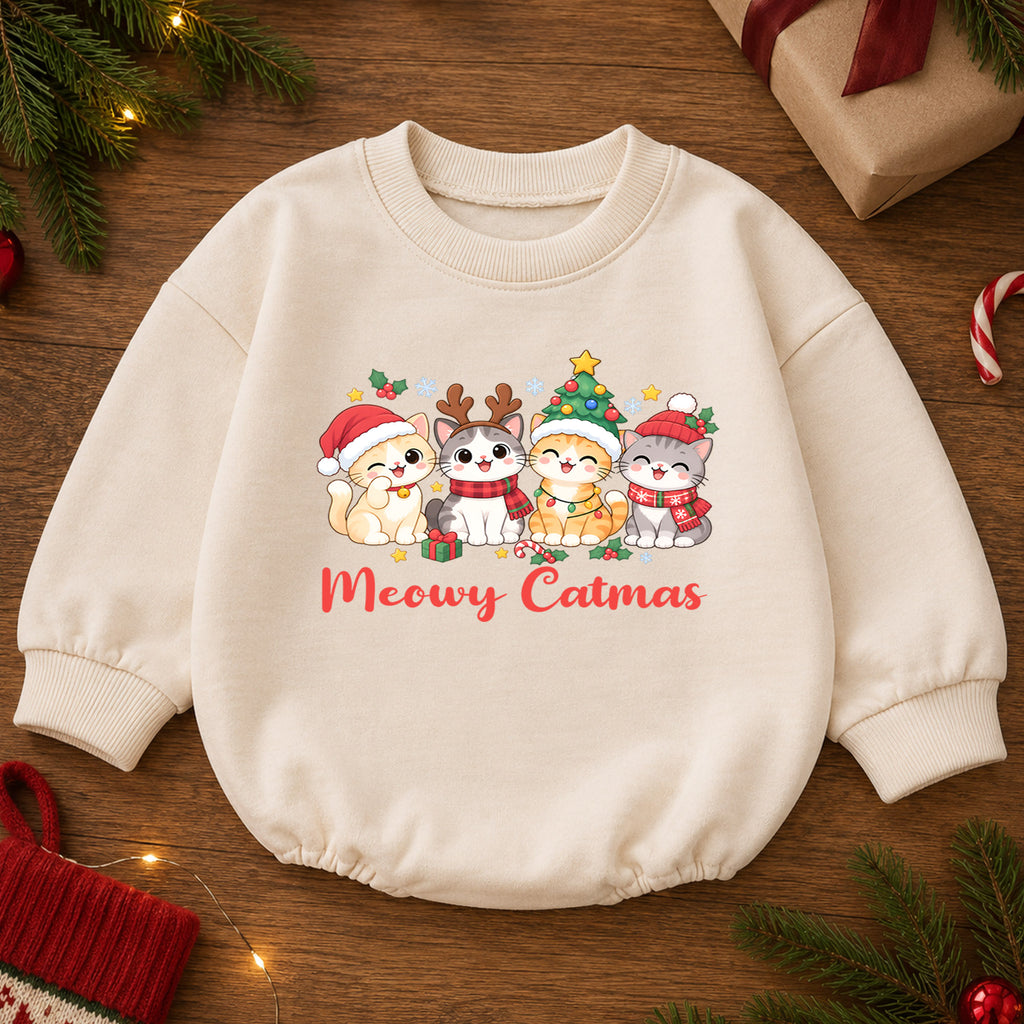 Meowy Catmas Baby Romper, Cute Cat Christmas Romper, Holiday Kitten Outfit, Toddler Xmas Gift for Cat Lovers — product view 2