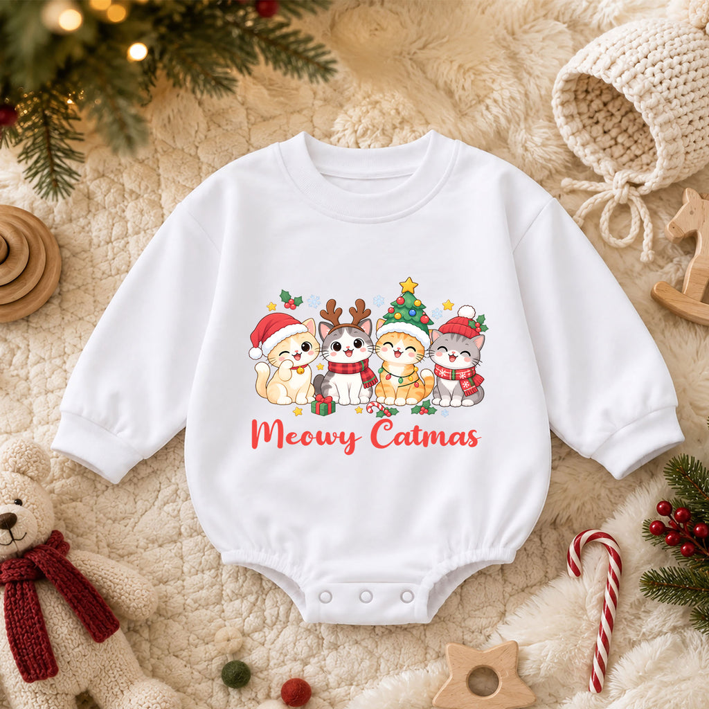 Meowy Catmas Baby Romper, Cute Cat Christmas Romper, Holiday Kitten Outfit, Toddler Xmas Gift for Cat Lovers — product view 3