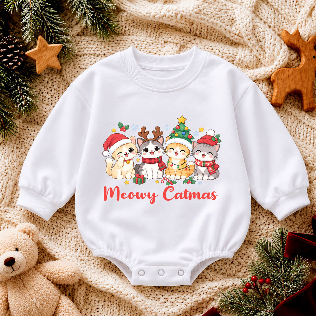 Meowy Catmas Baby Romper, Cute Cat Christmas Romper, Holiday Kitten Outfit, Toddler Xmas Gift for Cat Lovers — product view 4