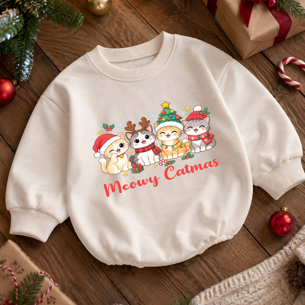 Meowy Catmas Baby Romper, Cute Cat Christmas Romper, Holiday Kitten Outfit, Toddler Xmas Gift for Cat Lovers — product view 5