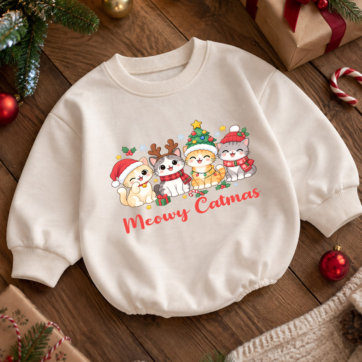 Meowy Catmas Baby Romper, Cute Cat Christmas Romper, Holiday Kitten Outfit, Toddler Xmas Gift for Cat Lovers — product view 5