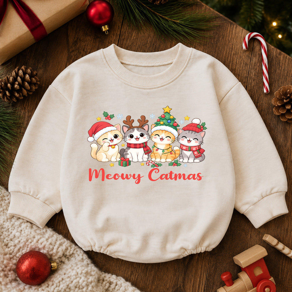 Meowy Catmas Baby Romper, Cute Cat Christmas Romper, Holiday Kitten Outfit, Toddler Xmas Gift for Cat Lovers — product view 6
