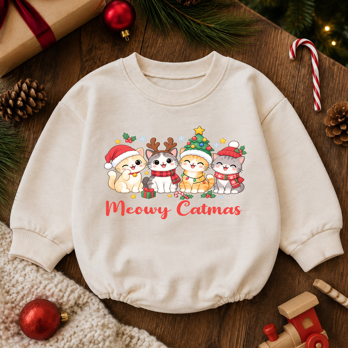 Meowy Catmas Baby Romper, Cute Cat Christmas Romper, Holiday Kitten Outfit, Toddler Xmas Gift for Cat Lovers — product view 6