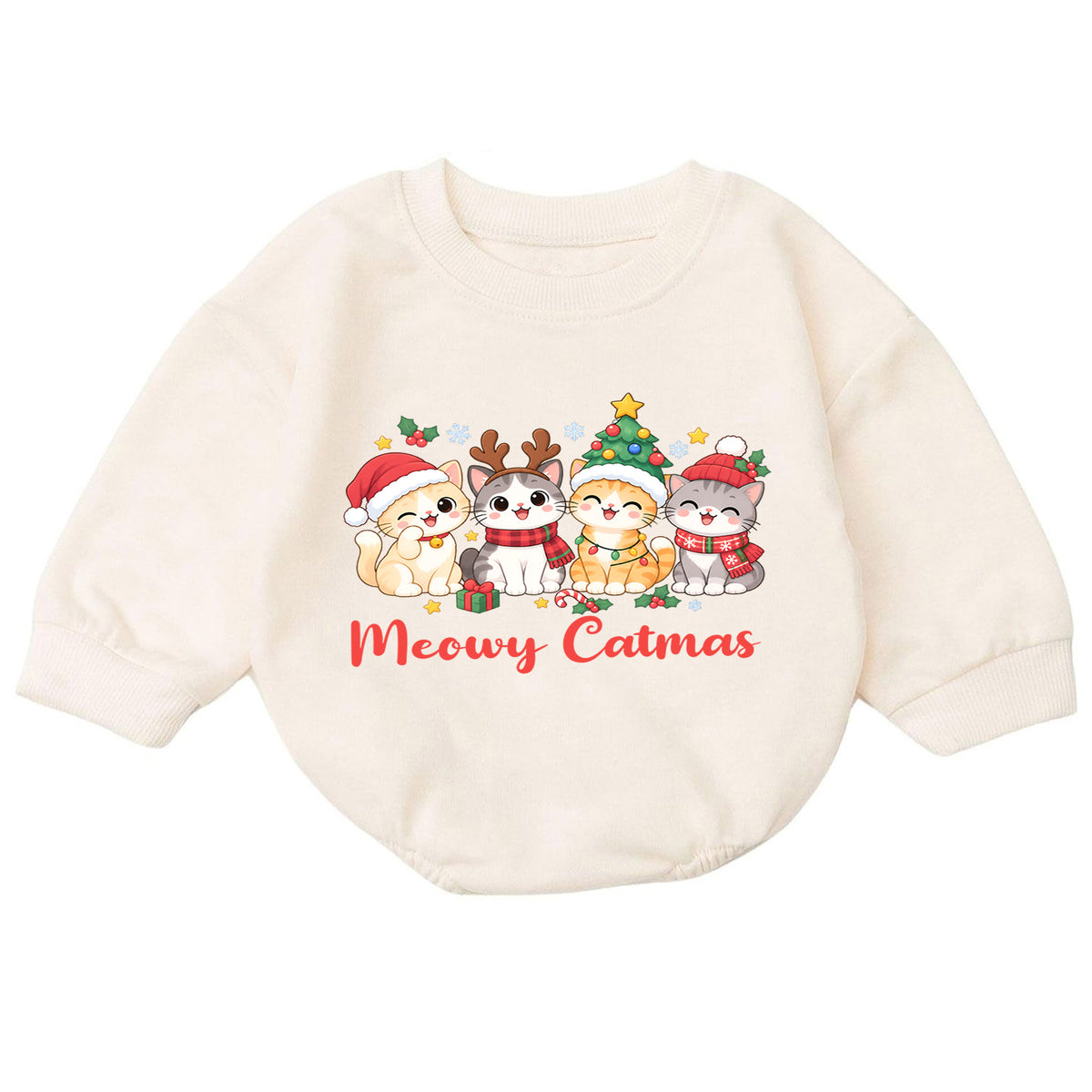 Meowy Catmas Baby Romper, Cute Cat Christmas Romper, Holiday Kitten Outfit, Toddler Xmas Gift for Cat Lovers — product view 7