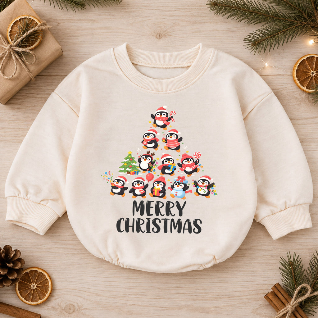 Merry Christmas Penguin Baby Romper, Cute Penguin Holiday Romper, Toddler Christmas Outfit, Winter Xmas Gift for Baby — product view 1