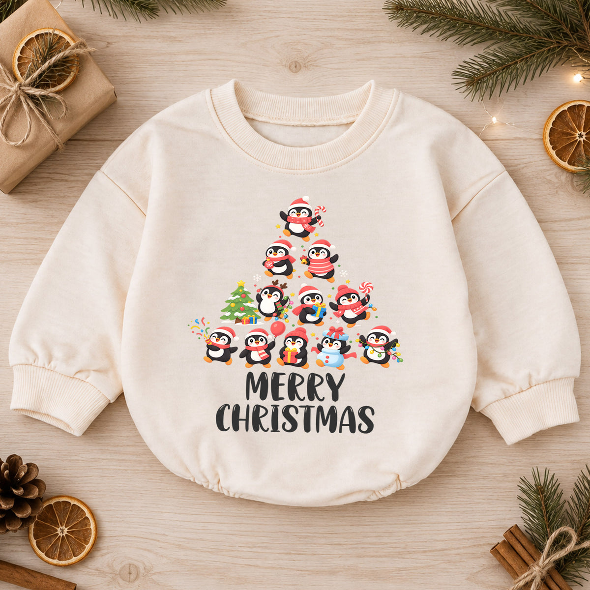 Merry Christmas Penguin Baby Romper, Cute Penguin Holiday Romper, Toddler Christmas Outfit, Winter Xmas Gift for Baby — product view 1