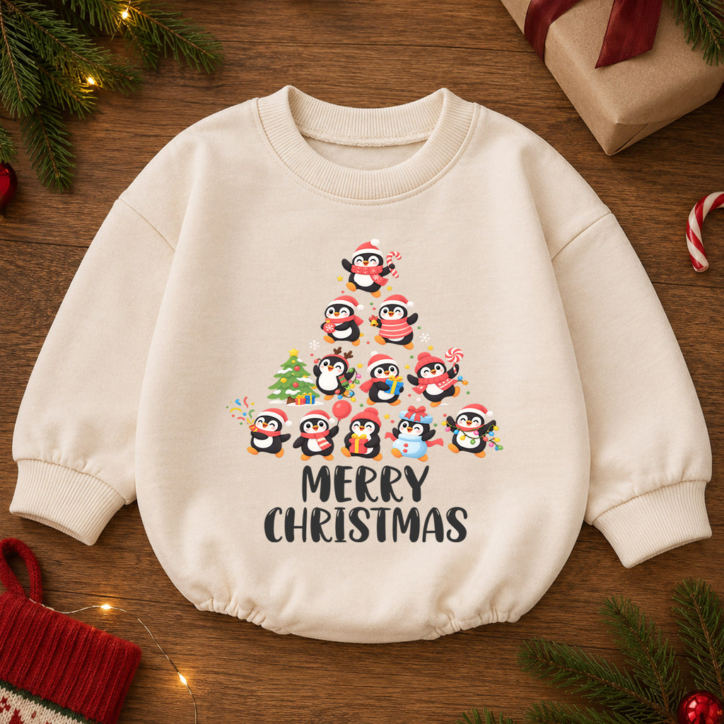 Merry Christmas Penguin Baby Romper, Cute Penguin Holiday Romper, Toddler Christmas Outfit, Winter Xmas Gift for Baby — product view 2