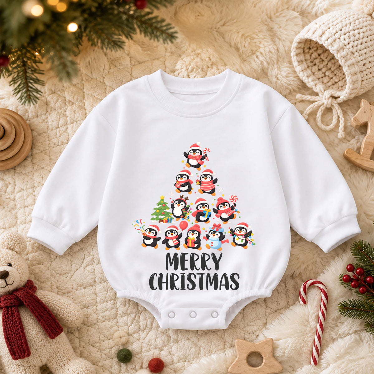 Merry Christmas Penguin Baby Romper, Cute Penguin Holiday Romper, Toddler Christmas Outfit, Winter Xmas Gift for Baby — product view 3