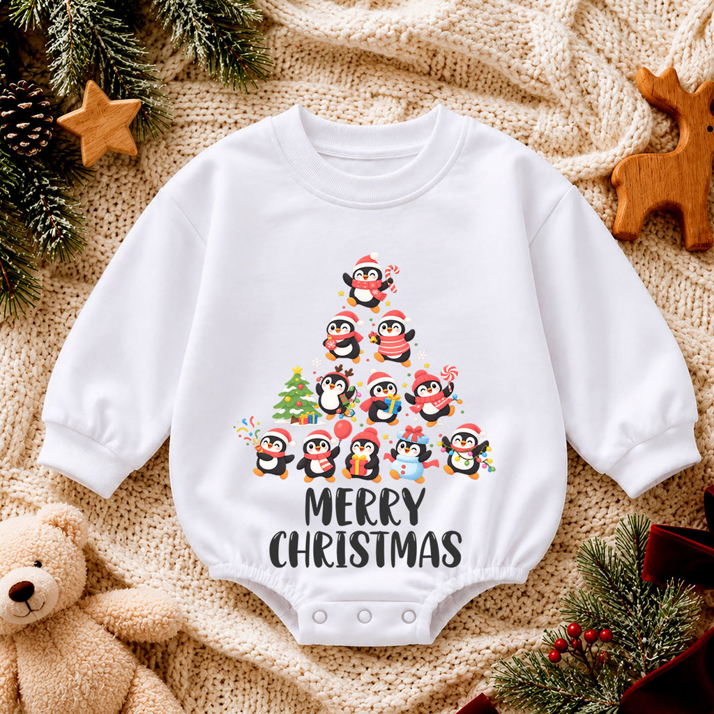 Merry Christmas Penguin Baby Romper, Cute Penguin Holiday Romper, Toddler Christmas Outfit, Winter Xmas Gift for Baby — product view 4