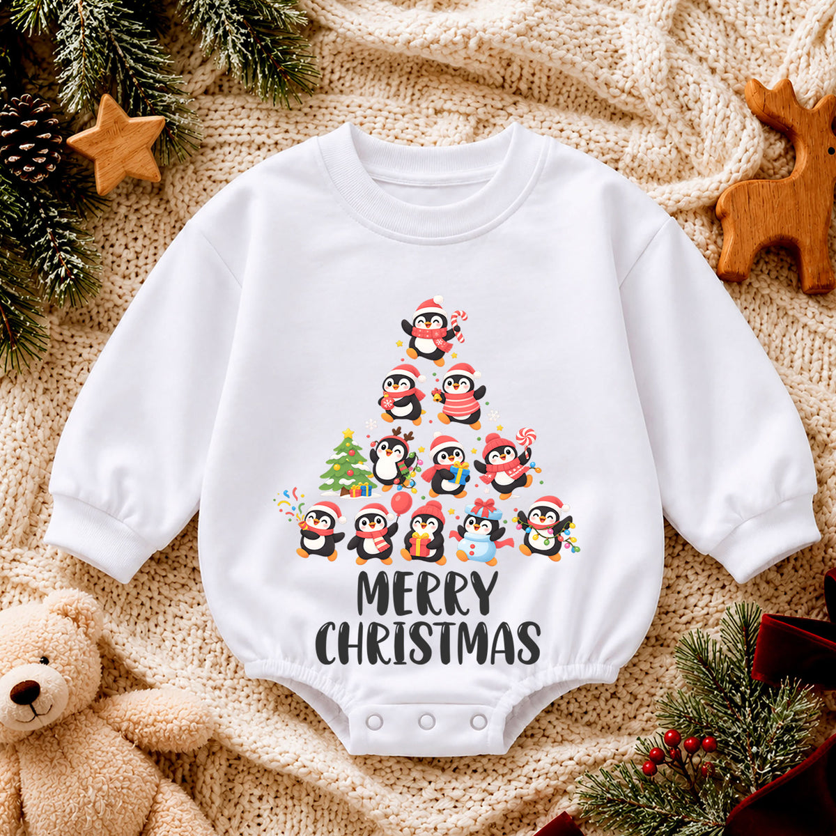 Merry Christmas Penguin Baby Romper, Cute Penguin Holiday Romper, Toddler Christmas Outfit, Winter Xmas Gift for Baby — product view 4