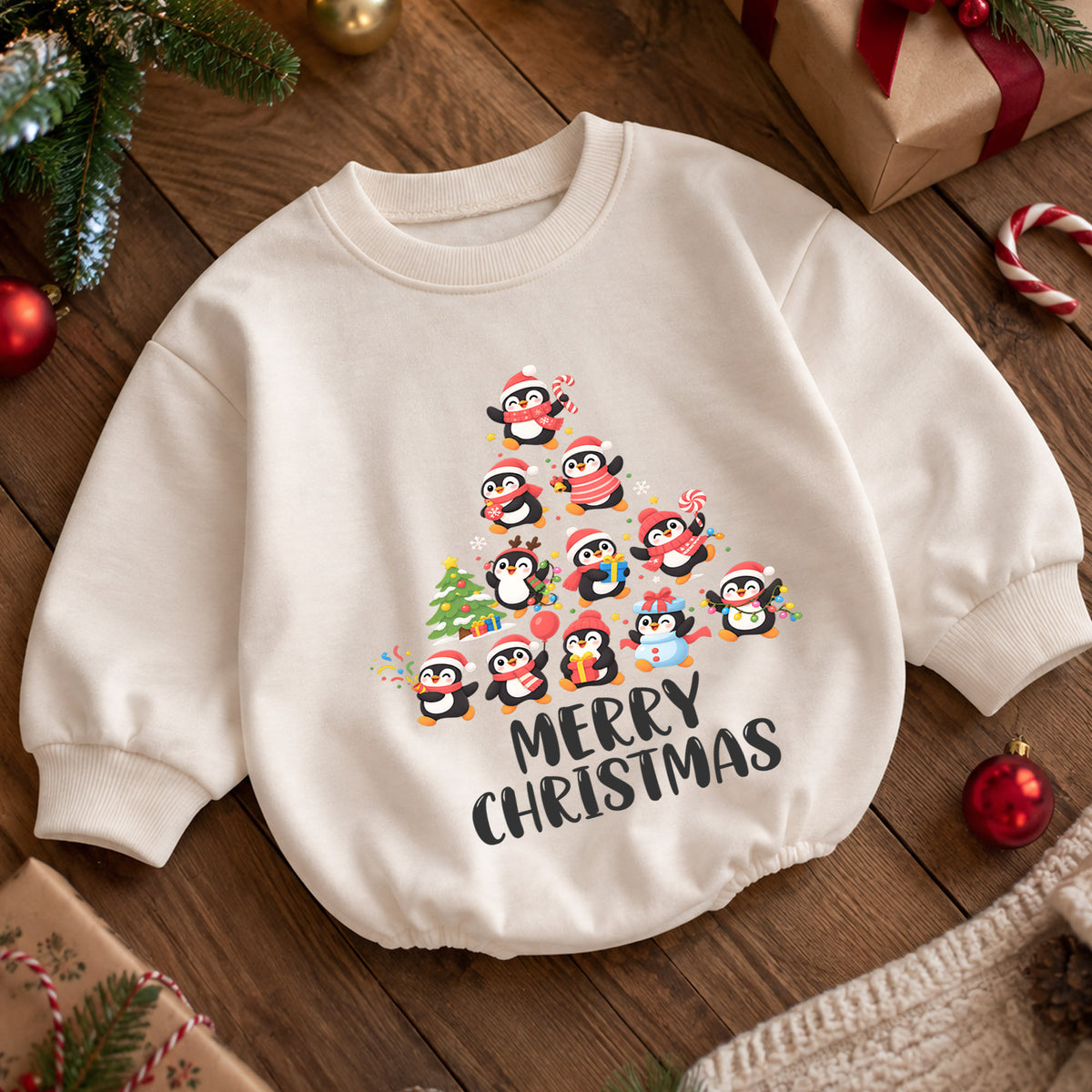Merry Christmas Penguin Baby Romper, Cute Penguin Holiday Romper, Toddler Christmas Outfit, Winter Xmas Gift for Baby — product view 5