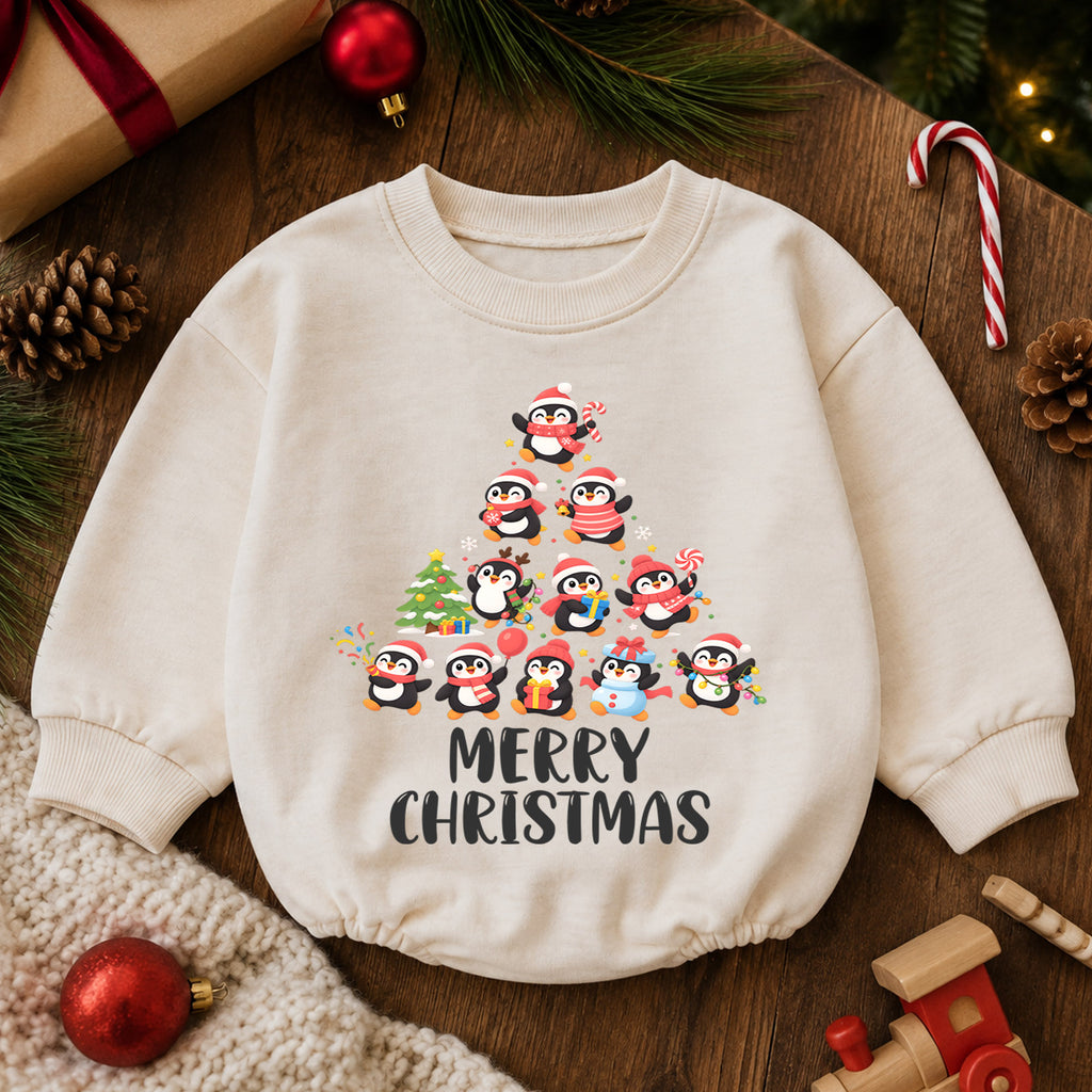 Merry Christmas Penguin Baby Romper, Cute Penguin Holiday Romper, Toddler Christmas Outfit, Winter Xmas Gift for Baby — product view 6