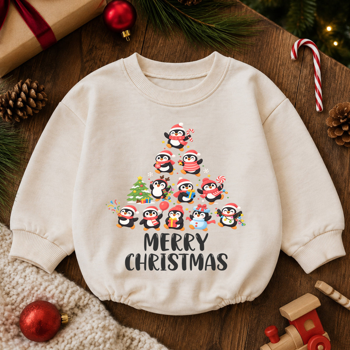 Merry Christmas Penguin Baby Romper, Cute Penguin Holiday Romper, Toddler Christmas Outfit, Winter Xmas Gift for Baby — product view 6