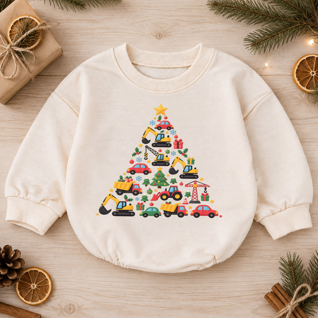 Construction Christmas Baby Outfit, Excavator Truck Christmas Tree Romper, Toddler Boy Holiday Romper, Xmas Baby Gift — product view 1
