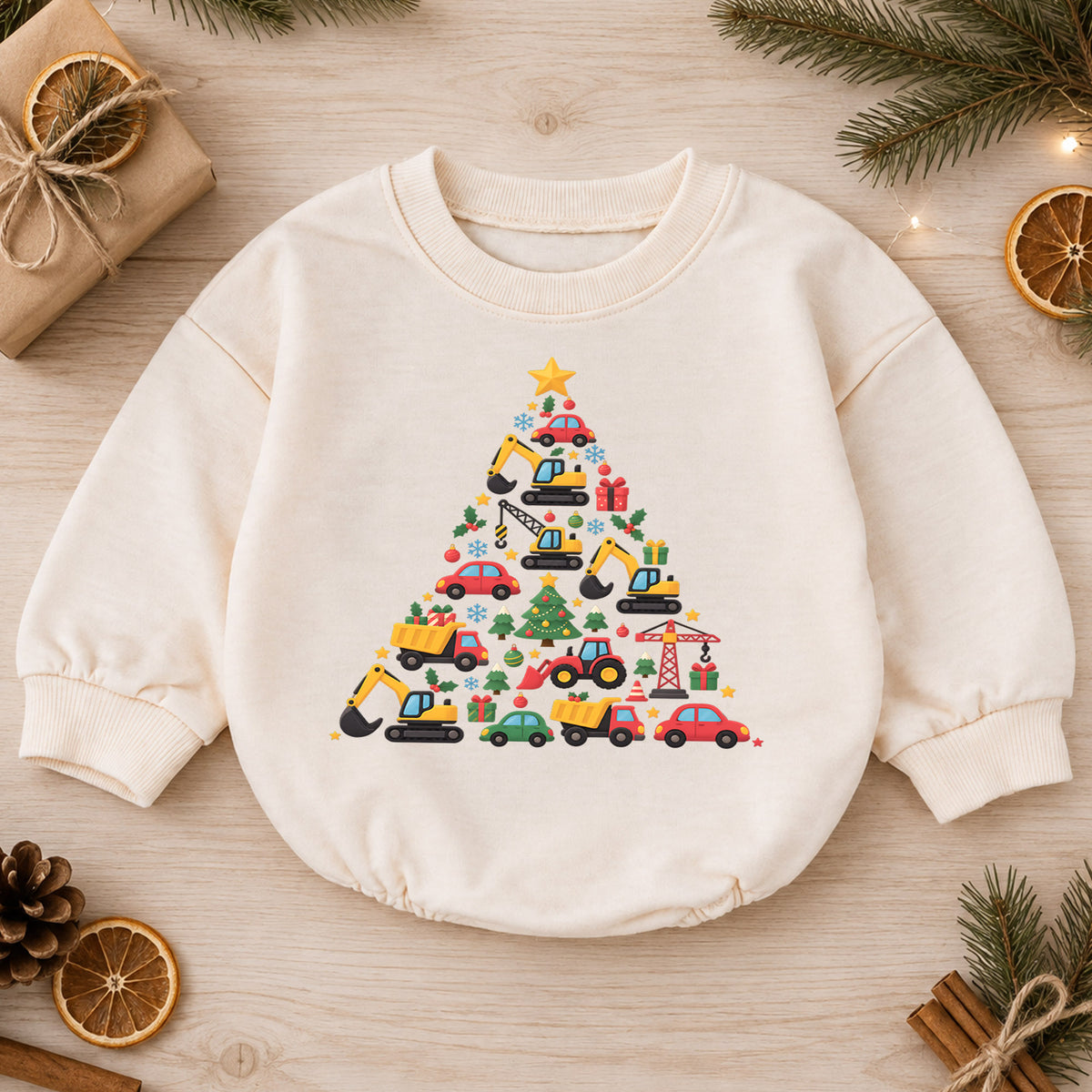 Construction Christmas Baby Outfit, Excavator Truck Christmas Tree Romper, Toddler Boy Holiday Romper, Xmas Baby Gift — product view 1